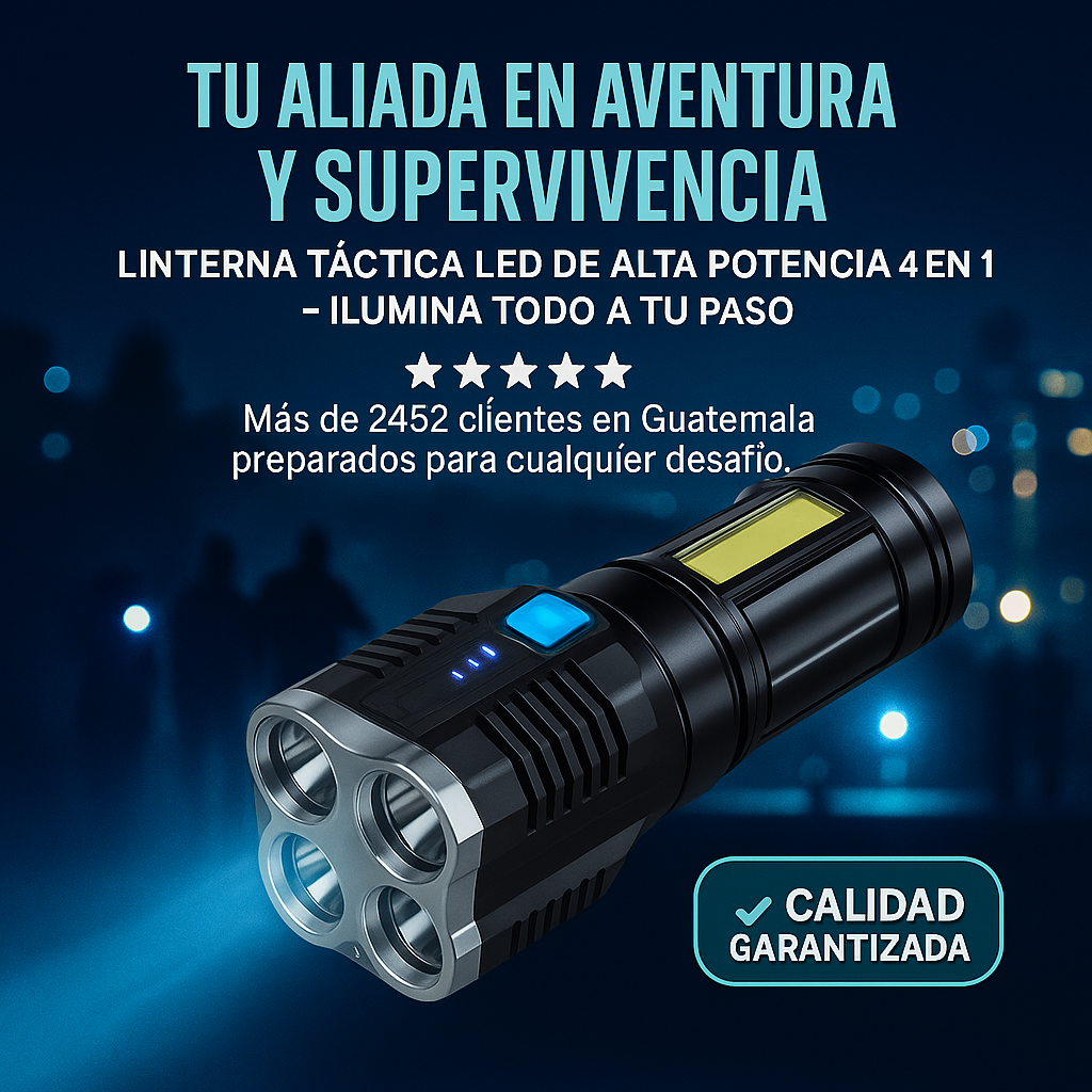 Linterna Táctica LED de Alta Potencia 4 en 1 – Ilumina TODO a tu paso