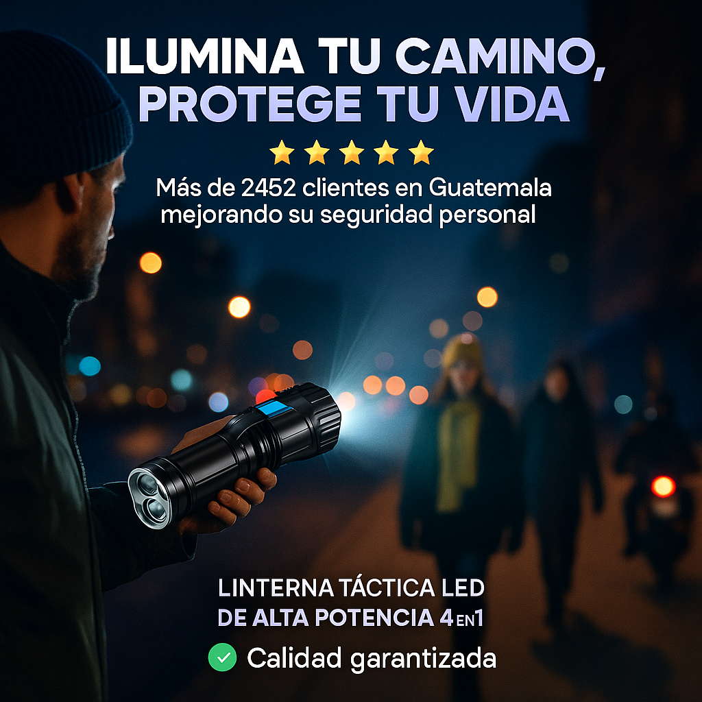 Linterna Táctica LED de Alta Potencia 4 en 1 – Ilumina TODO a tu paso