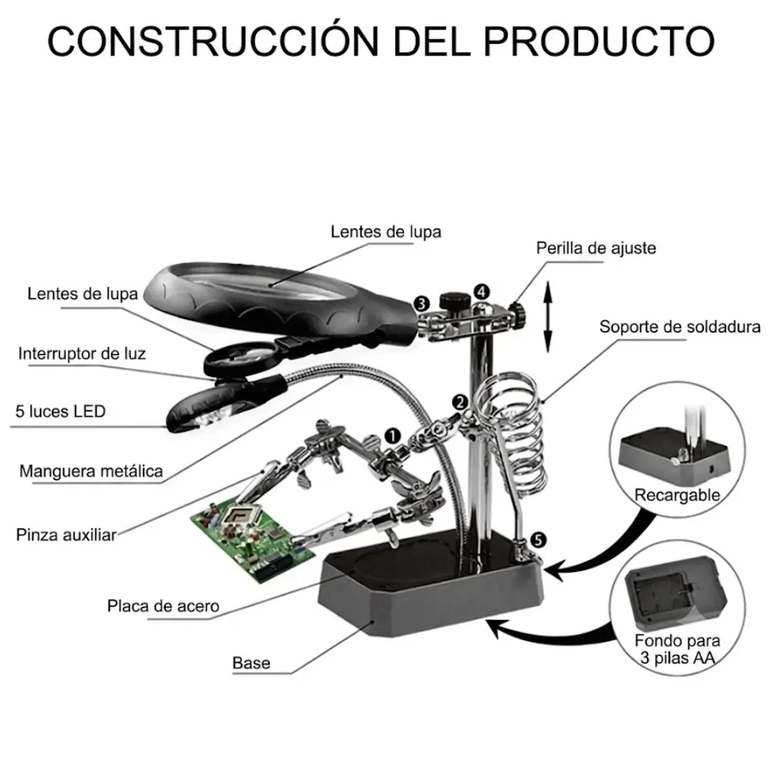 Lupa Manos Libres SoldaPro -  Con Brazos articulados para trabajos de precisión.